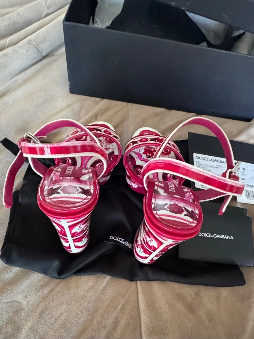 Authentic Dolce & Gabbana Pink Printed Ankle-Strap platform Heels 36.5
